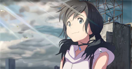 HD wallpaper of Hina Amano from Weathering with You anime, featuring her with black hair against a cloudy sky.