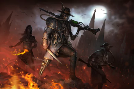 A dark steampunk warrior wielding weapons stands ready amid flames, accompanied by a witch and another figure under a moonlit, ominous sky in this HD desktop wallpaper.