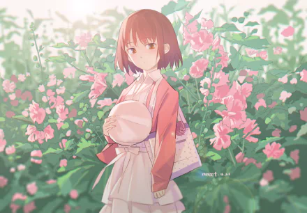 HD PC desktop wallpaper featuring Megumi Katō from the anime Saekano: How to Raise a Boring Girlfriend, standing amidst vibrant pink flowers.