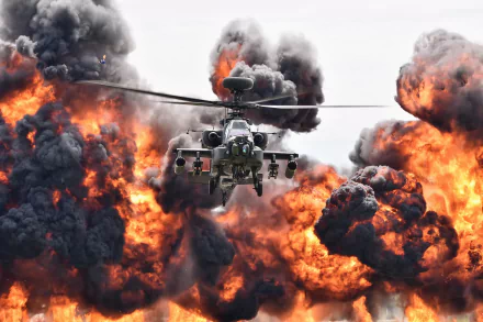 A Boeing AH-64 Apache attack helicopter flies amid large fiery explosions and thick black smoke in a dynamic military HD desktop wallpaper.