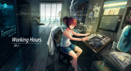 HD desktop wallpaper featuring original anime artwork of a girl working at a desk surrounded by papers and monitors in an office with the text Working Hours.