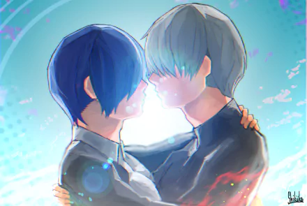 Touka Kirishima and Ken Kaneki from Tokyo Ghoul:re embrace, foreheads nearly touching against a glowing teal sky — HD anime desktop wallpaper with lens flare and soft lighting.
