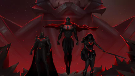 HD PC wallpaper featuring dark, stylized versions of Wonder Woman, Superman, and Batman from the Justice League Dark comic universe against a red and black backdrop.