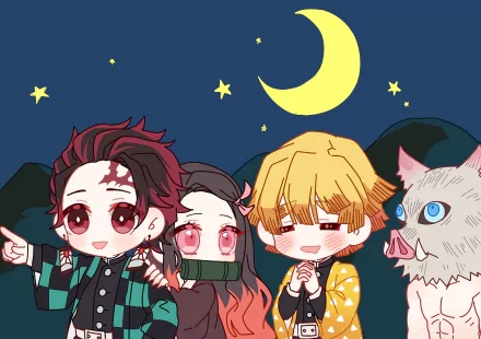 Chibi versions of Tanjiro, Nezuko, Zenitsu, and Inosuke from Demon Slayer: Kimetsu no Yaiba under a crescent moon and stars, styled as an HD PC desktop wallpaper.