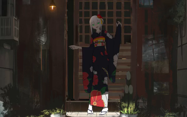 HD desktop wallpaper featuring an anime geisha in traditional attire, standing gracefully in a dimly lit, atmospheric setting.