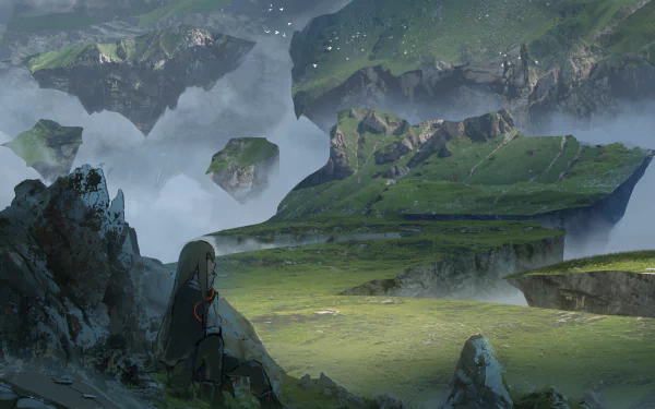A fantasy adventure-themed anime landscape with floating islands and lush green hills, captured in HD as a desktop wallpaper. A lone figure sits on a rock, gazing at the mystical scene.