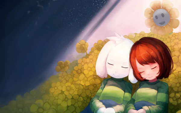 4K Ultra HD desktop wallpaper featuring Asriel and Chara from the video game Undertale, peacefully resting among golden flowers with a glowing flower in the background.