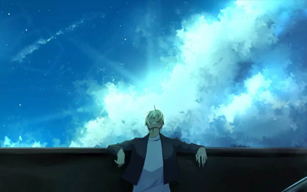 Rei Furuya from Detective Conan leans on a railing beneath a vivid, star-filled sky — HD anime desktop wallpaper.