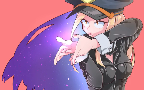 Camie Utsushimi from My Hero Academia in a glossy black uniform and cap, summoning purple energy against a coral backdrop — 5K Ultra HD PC Desktop Wallpaper and Background
