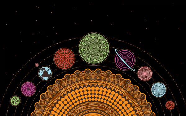 HD PC desktop wallpaper featuring an artistic arrangement of colorful chakra symbols and planetary motifs on a black background.