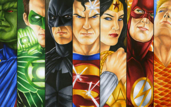 4K Ultra HD PC desktop wallpaper of DC Comics Justice League: Hal Jordan (Green Lantern), Martian Manhunter, Batman, Superman, Wonder Woman, Flash and Aquaman in vivid comic-style portraits.