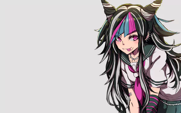 HD PC desktop wallpaper featuring Ibuki Mioda from the video game Danganronpa 2: Goodbye Despair, showcasing her colorful hair and dynamic expression against a light background.