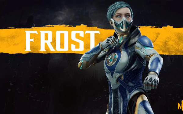 HD PC desktop wallpaper featuring Frost from Mortal Kombat 11, showcasing the character in detailed armor with a bold yellow background and game title elements.