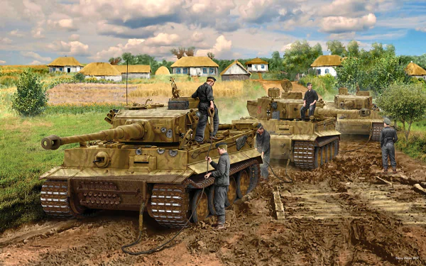 HD PC desktop wallpaper of WWII Tiger I tanks and military crew moving along a muddy village road, two tanks with soldiers, thatched houses and a cloudy sky background.