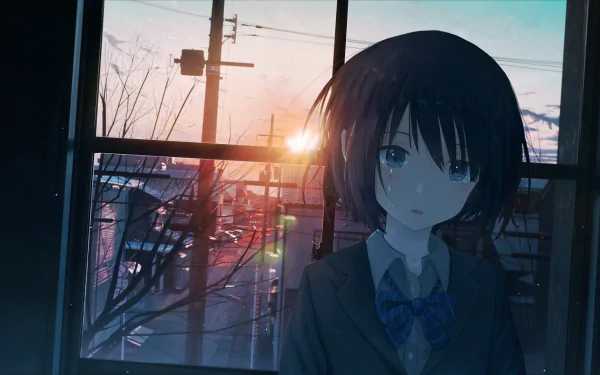 Anime character with black hair in a school uniform standing by a window, overlooking power lines against a sunset. HD wallpaper capturing an introspective moment.