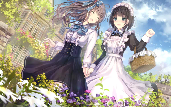 Anime wallpaper featuring two maids with brown and black hair, long and short respectively. They are in a garden filled with flowers, holding hands, with one carrying a basket. The background shows a building.