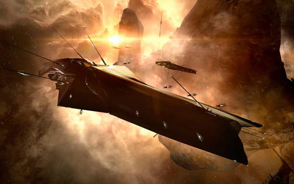 HD PC desktop wallpaper of a Drifter Battleship from Drifters (EVE Online): a dark spaceship gliding through an asteroid-lit nebula — video game EVE Online background.