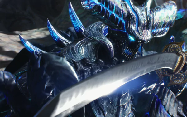 Vergil from Devil May Cry 5 in detailed armored form, wielding a glowing sword, featured in an HD PC desktop wallpaper and background from the video game series.
