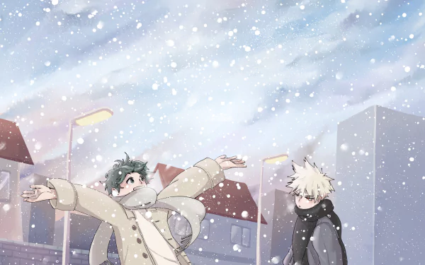 jacket street light winter scarf white hair green hair snowfall Katsuki Bakugou Izuku Midoriya Anime My Hero Academia winter anime HD Desktop Wallpaper | Background Image