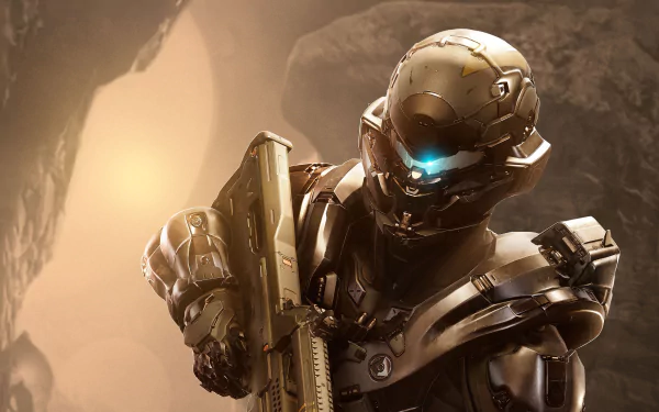 4K Ultra HD PC desktop wallpaper featuring a detailed armored Spartan soldier from the video game Halo 5: Guardians, set against a dimly lit cave background.