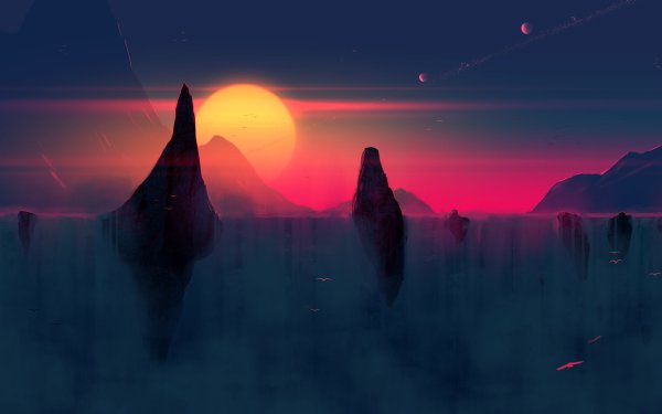 Sci Fi Sunrise Waterfall HD Wallpaper | Background Image