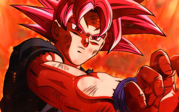 Goku in his Super Saiyan God form with glowing red hair and intense expression from Dragon Ball Super, featured in a vibrant 4K Ultra HD anime desktop wallpaper.