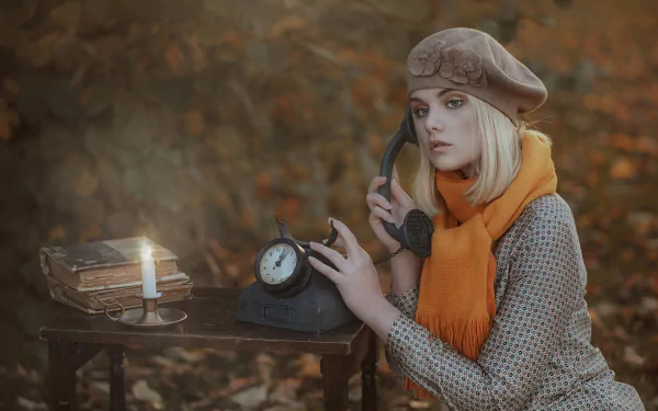 telephone scarf blue eyes hat blonde woman model HD Desktop Wallpaper | Background Image