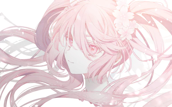 HD PC desktop wallpaper featuring Sakura Miku from Vocaloid in a soft, pastel anime style with flowing hair and cherry blossom accents.