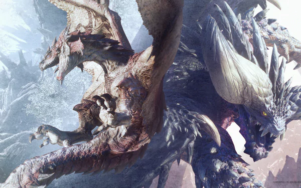 A stunning 4K Ultra HD wallpaper featuring Nergigante and Rathalos from Monster Hunter: World, showcasing dynamic artwork from the popular video game series.