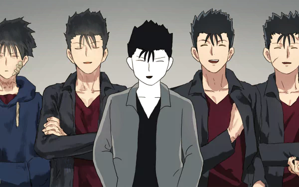 HD PC desktop wallpaper of Ryo Shimazaki from Mob Psycho 100: central monochrome-styled figure in a gray coat flanked by four casual-clad variants against a muted gray backdrop.