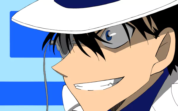 Close-up of Kaito Kuroba (Detective Conan) grinning in a white top hat and mask — anime HD PC desktop wallpaper with bold blue geometric background.