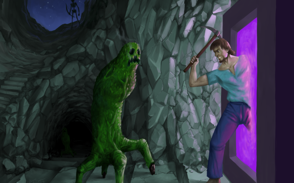 Video Game Minecraft Creeper Steve Pickaxe Skeleton Portal Cave HD Wallpaper | Background Image