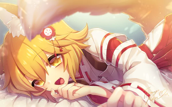 HD desktop wallpaper featuring Senko-san from The Helpful Fox Senko-san anime, depicted in a playful, whimsical pose with soft, glowing backlight.