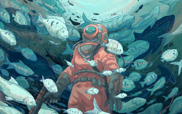 A fantasy HD desktop wallpaper featuring a scuba diver surrounded by numerous fish underwater. The scene is vivid and captivating, with the diver exploring the aquatic world.