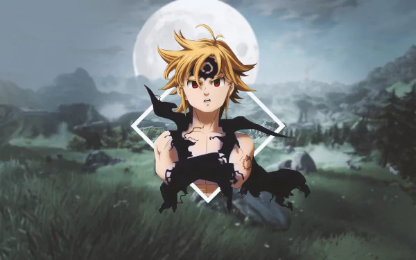 4K Ultra HD anime wallpaper featuring Meliodas from The Seven Deadly Sins, set against a moonlit, misty landscape background.