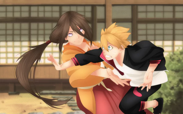 HD PC desktop wallpaper featuring Hanabi Hyûga and Boruto Uzumaki from the anime Boruto in an action-packed scene with traditional Japanese architecture background.