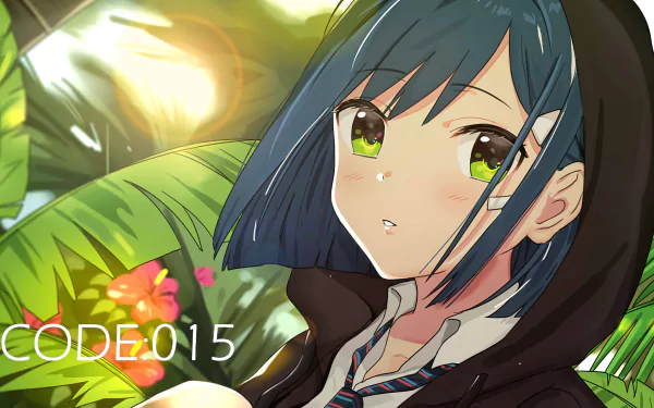 Anime-style 4K Ultra HD wallpaper of Ichigo from Darling in the FranXX, featuring vibrant colors and detailed shading with tropical foliage in the background.