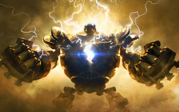 Blitzcrank from League of Legends charging with glowing chest and outstretched fists amid crackling lightning — HD PC video game desktop wallpaper.