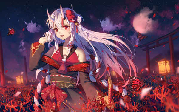 HD wallpaper of Nakiri Ayame from Hololive, an anime-style Virtual YouTuber with white hair, red eyes, and horns in a vibrant night landscape.