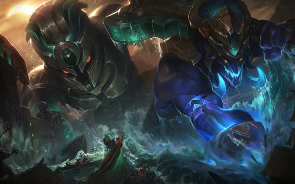 HD PC wallpaper of League of Legends champions Trundle and Nautilus clashing amid stormy, glowing ocean depths — video game art.