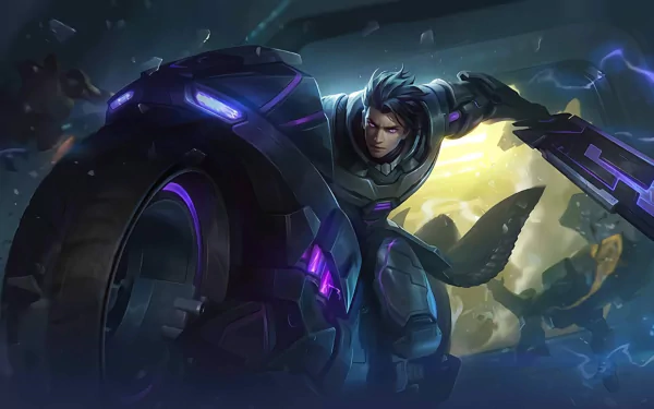 HD PC desktop wallpaper of Alucard from the video game Mobile Legends: Bang Bang, leaping beside a neon-lit futuristic bike, sword drawn against a stormy, glowing city backdrop.