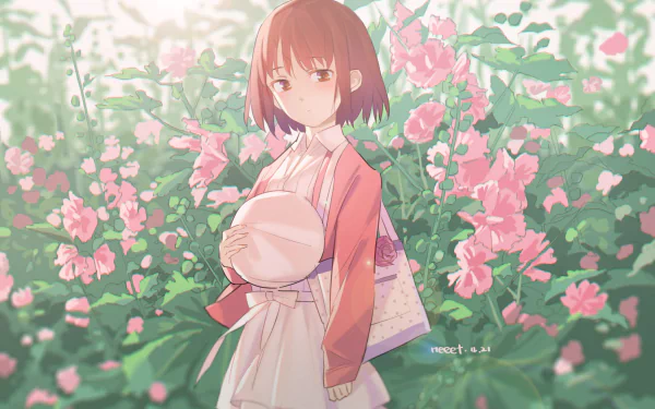 HD PC desktop wallpaper featuring Megumi Katō from the anime Saekano: How to Raise a Boring Girlfriend, standing amidst vibrant pink flowers.