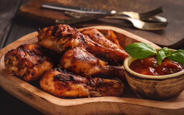 Grilled chicken wings served on a wooden platter with a bowl of ketchup and fresh basil, captured in stunning 4K Ultra HD for a PC desktop wallpaper.