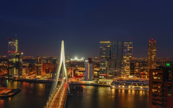Man Made Rotterdam Cities Netherlands Night Bridge River Building City Skyscraper HD Wallpaper | Background Image