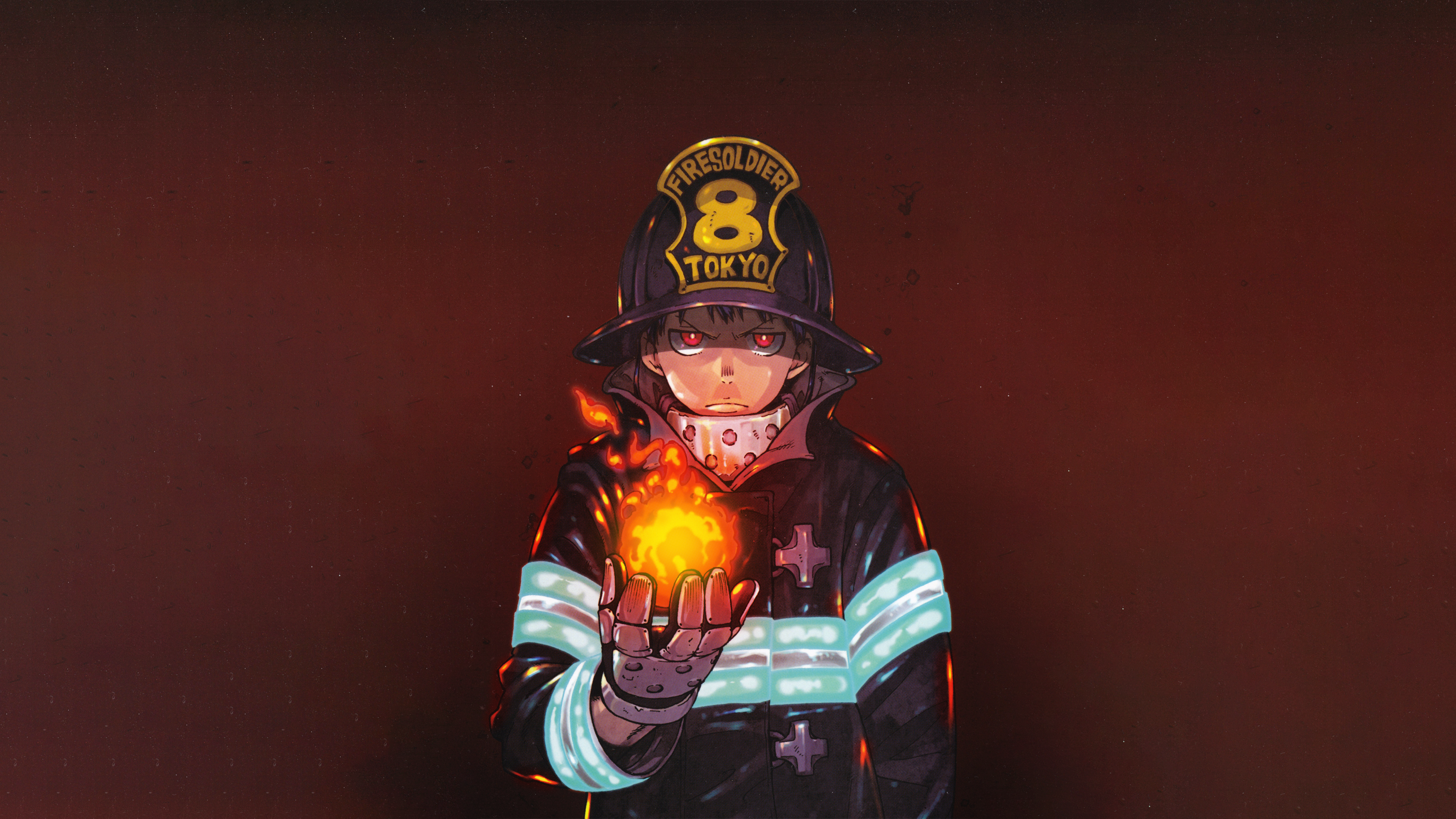 Burning firefighter anime characters in a dynamic pose, set against a high-definition wallpaper backdrop from Enen No Shouboutai, Fire Force.