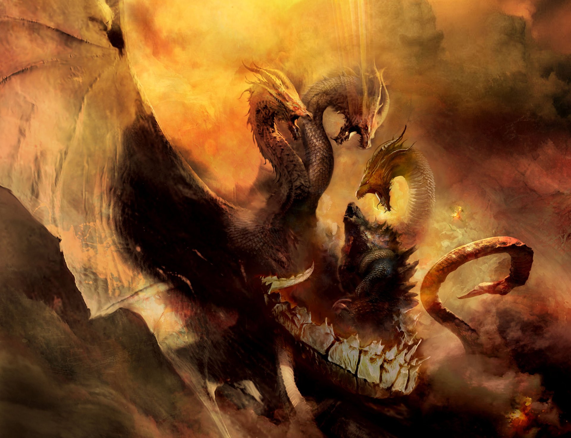 HD desktop wallpaper featuring King Ghidorah from Godzilla: King of the Monsters, depicted with three heads against a fiery, dramatic background.