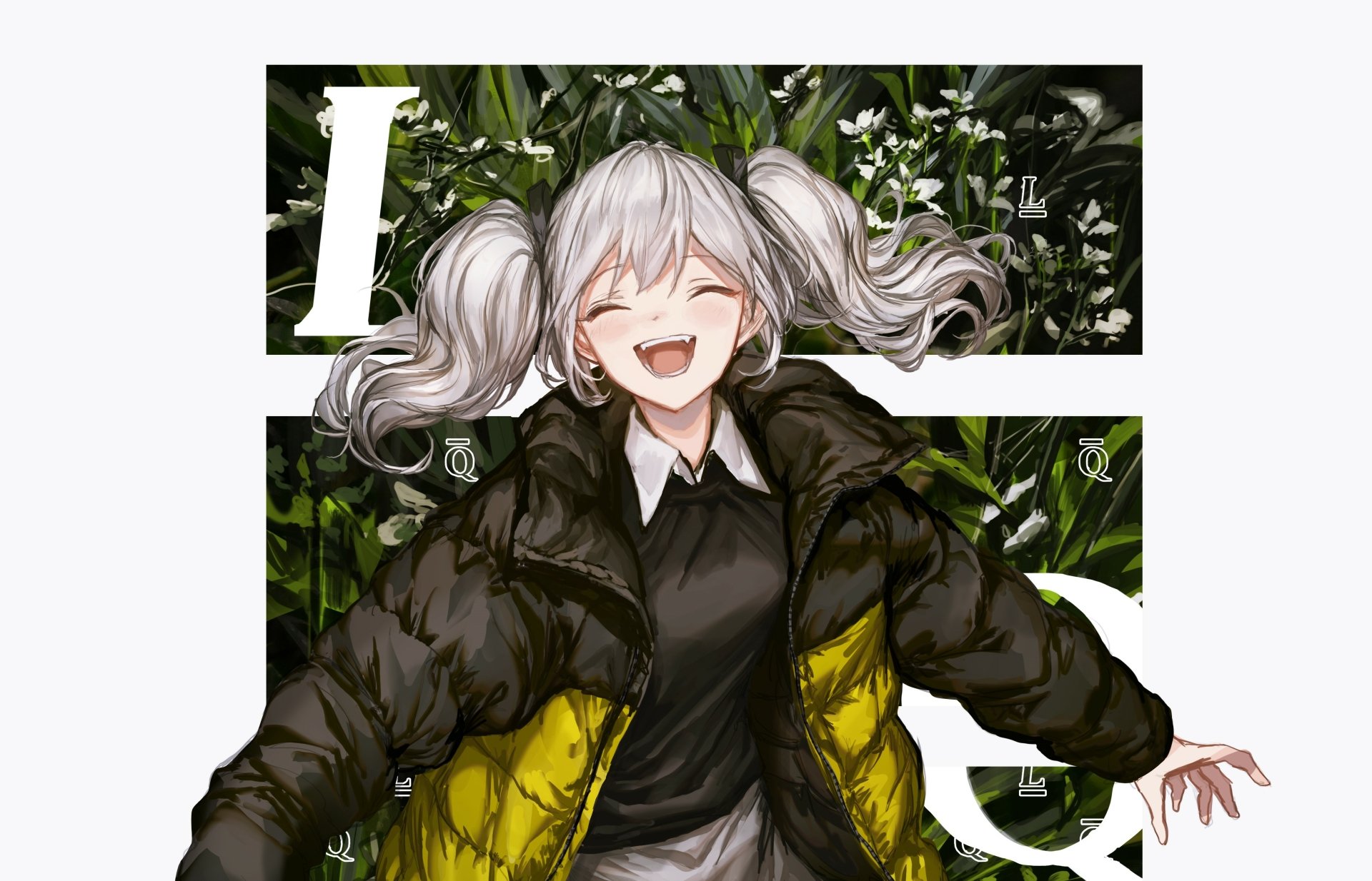 Anime-style original character with grey hair in twin tails, wearing a black and yellow jacket, smiling joyfully against a leafy green background in 4K Ultra HD.