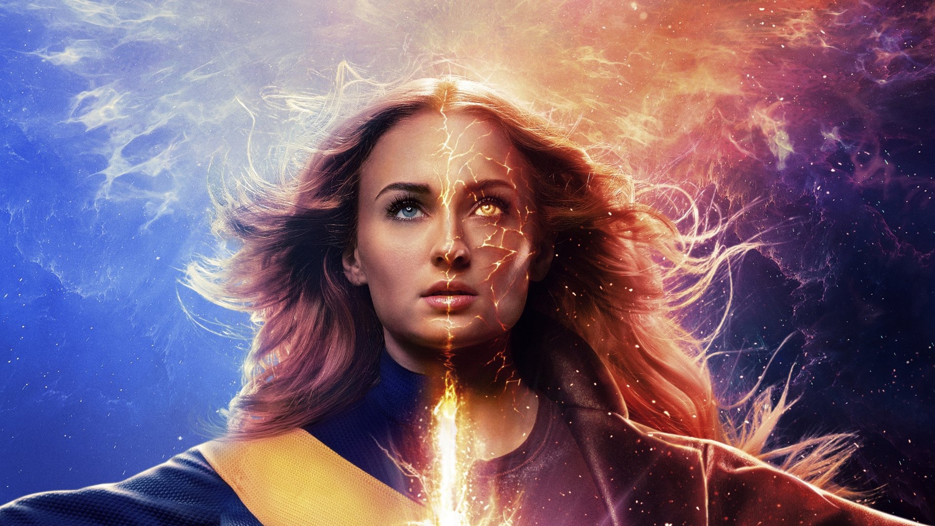 4K Ultra HD wallpaper of Sophie Turner as Jean Grey from X-Men: Dark Phoenix, showcasing a fiery and cosmic split background representing Dark Phoenix’s power.