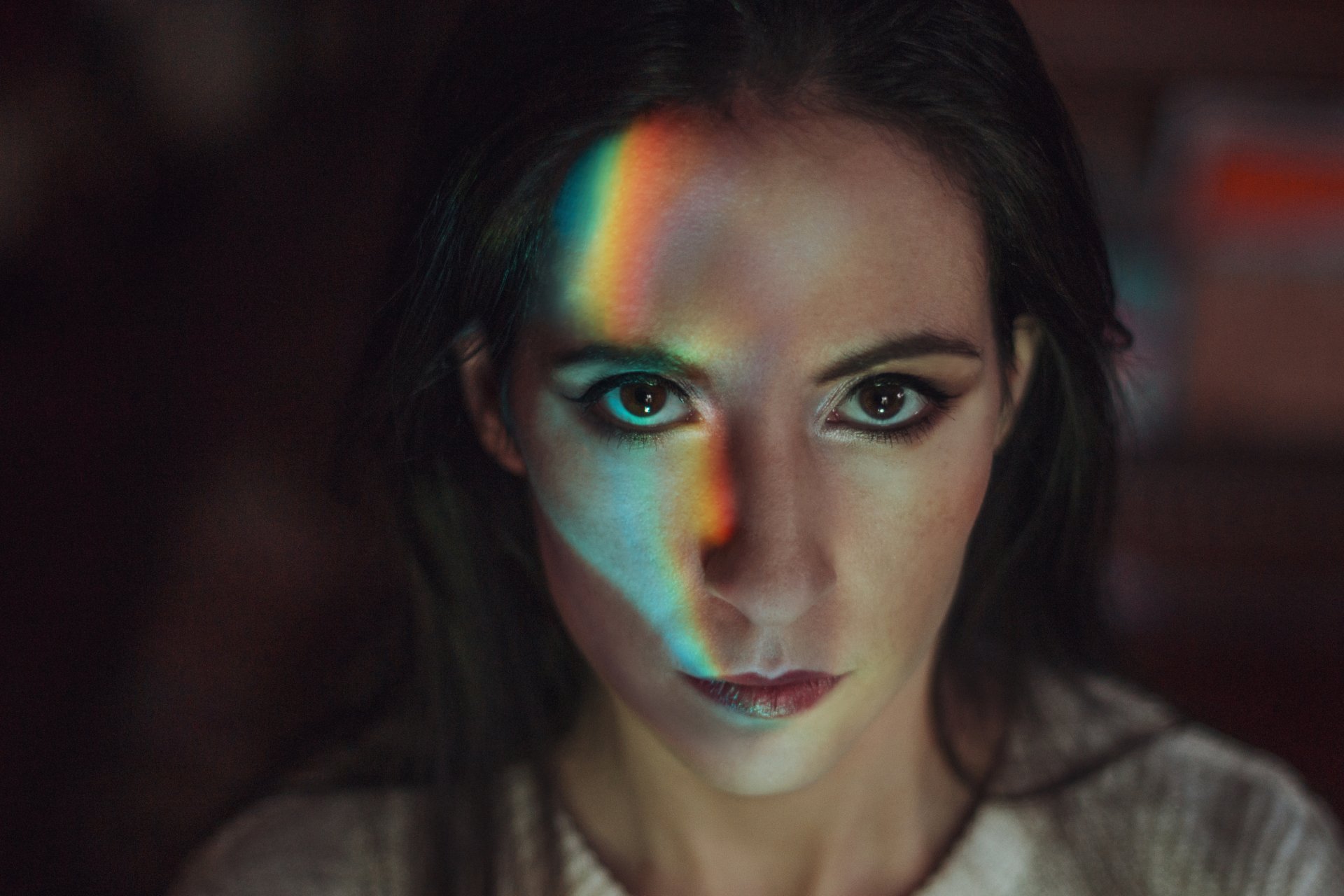 Download Brown Eyes Stare Black Hair Face Rainbow Woman Model 4k Ultra HD Wallpaper by Enrico Cavallarin