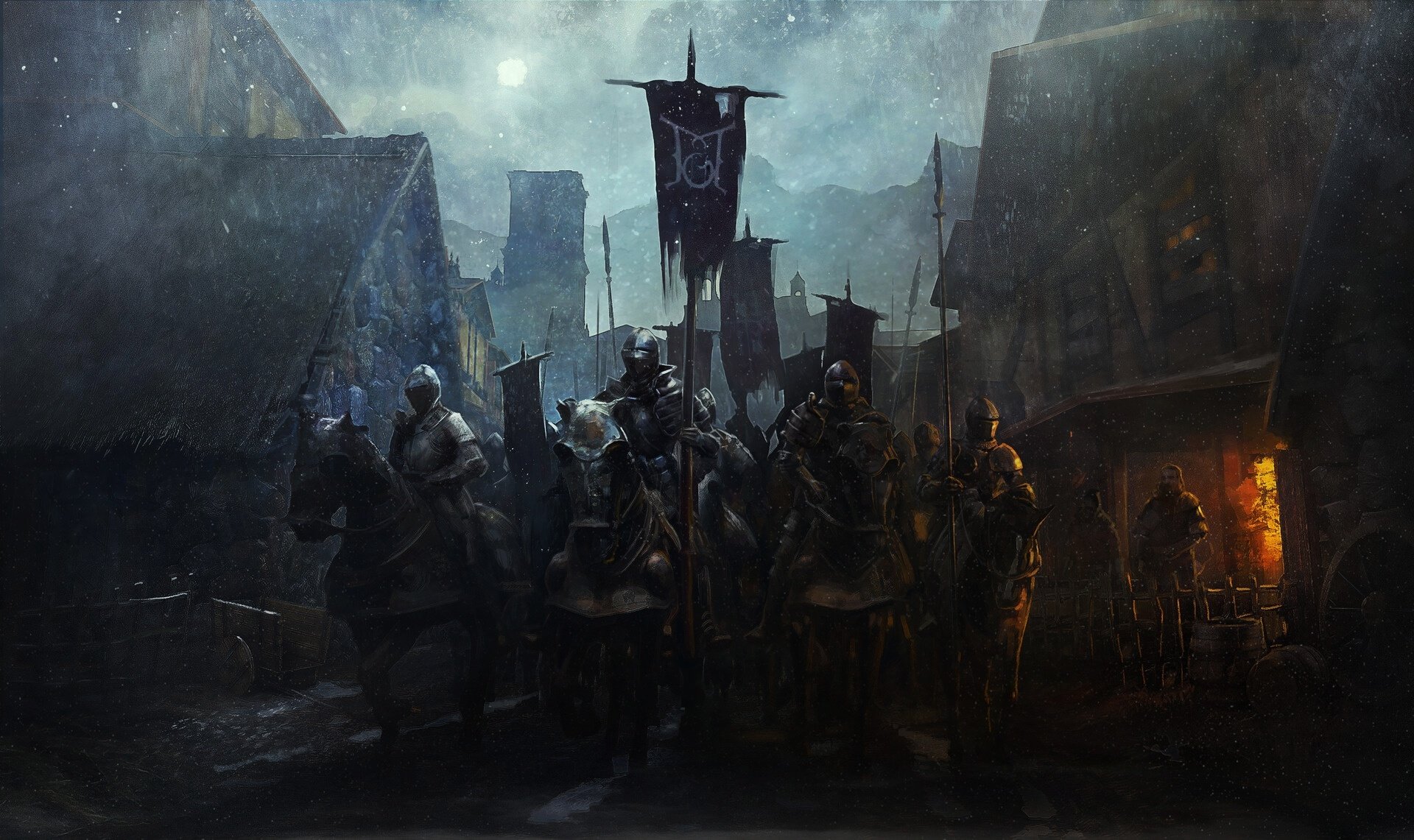 HD fantasy desktop wallpaper depicting armored knights and warriors on horseback, set in a dark, misty medieval village.